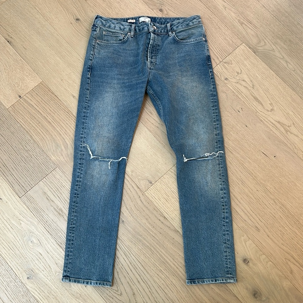 Topman Blue Distressed Slim Jeans